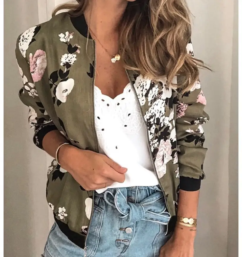Women's Printed Round Neck Zipper Coat White Floral Winter - Image 7