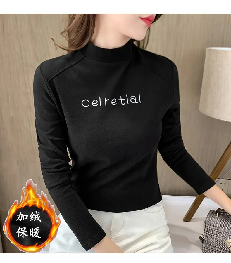 Women Fleece Lined Warm Half-High Collar Shirt Brown - Image 10