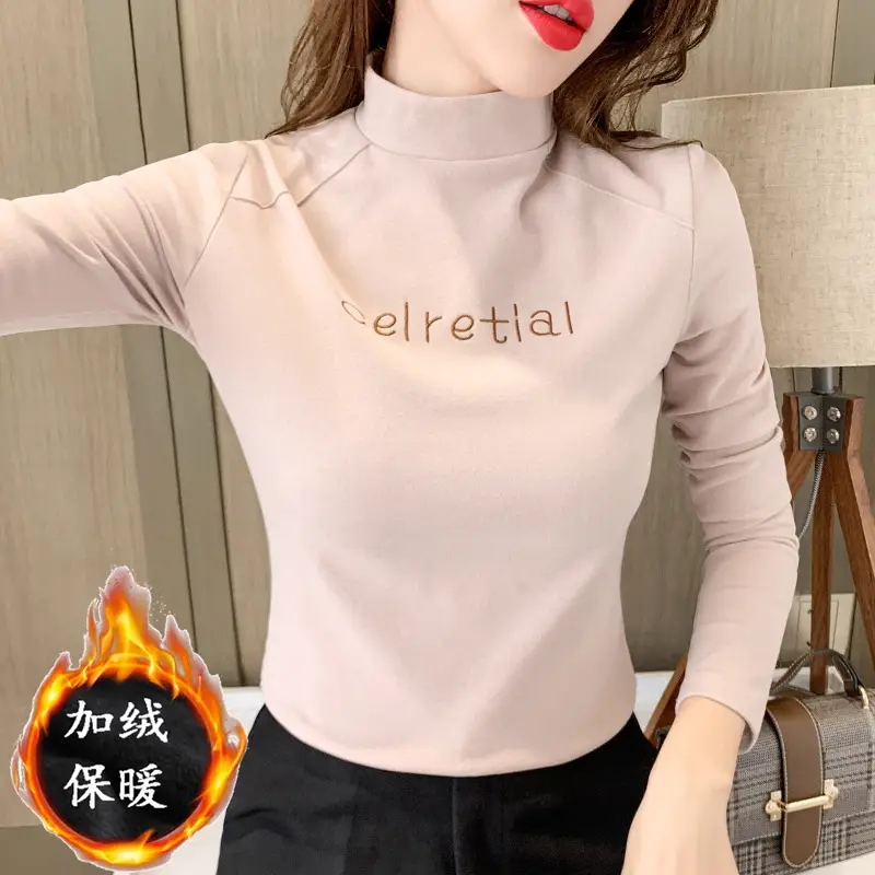 Women Fleece Lined Warm Half-High Collar Shirt Brown - Image 3