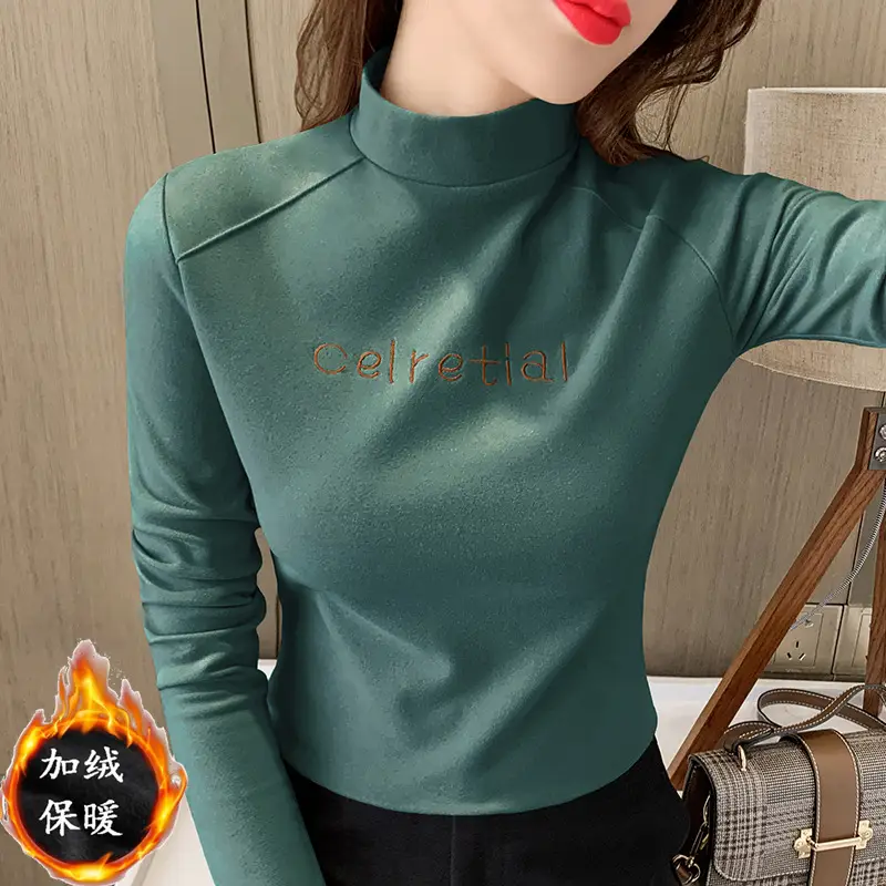 Women Fleece Lined Warm Half-High Collar Shirt Brown - Image 4