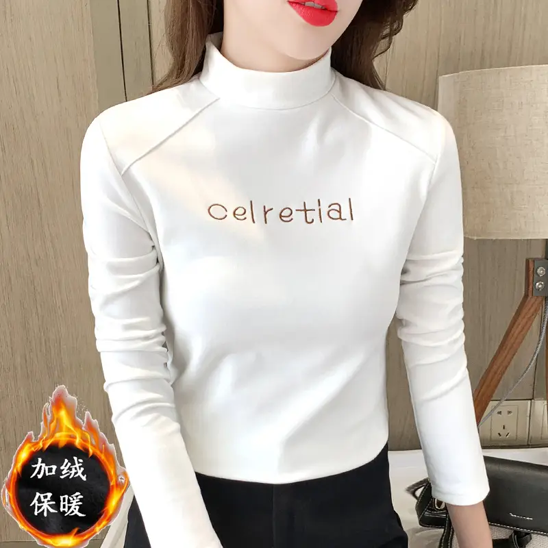 Women Fleece Lined Warm Half-High Collar Shirt Brown - Image 5