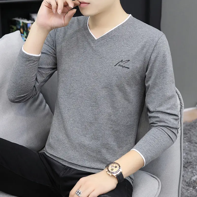 Men V-Neck Long Sleeve Pullover Grey - Image 9