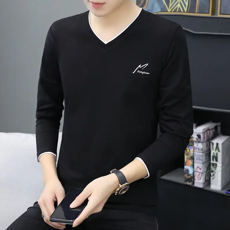 Men V-Neck Long Sleeve Pullover Grey - Image 2