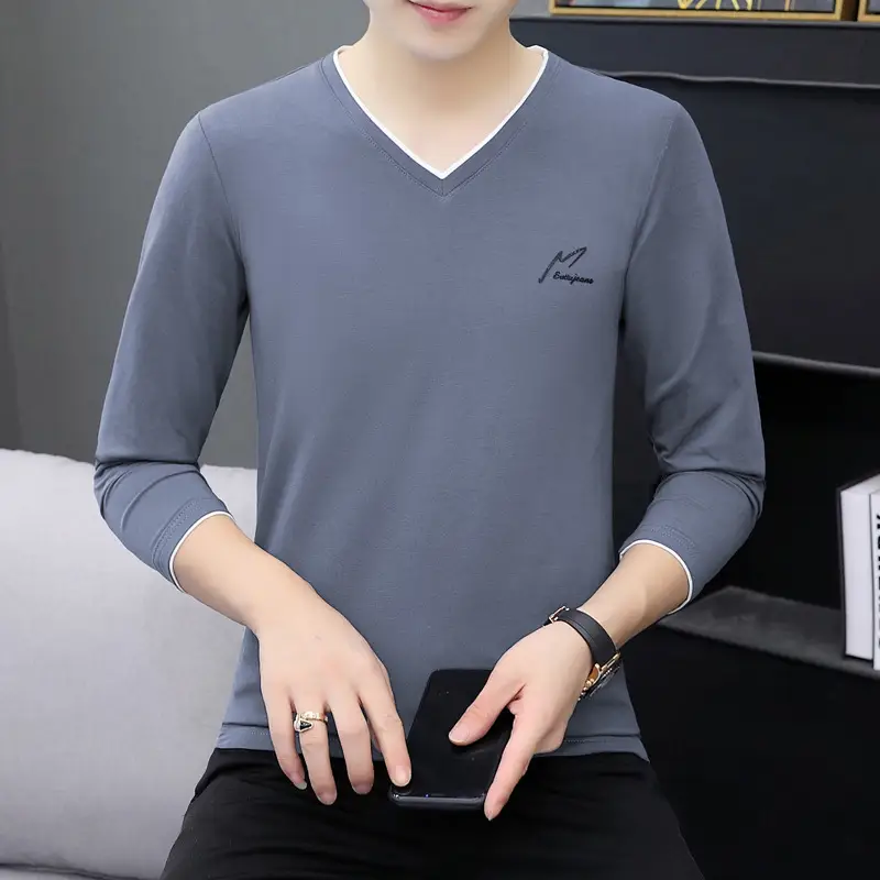 Men V-Neck Long Sleeve Pullover Grey - Image 5