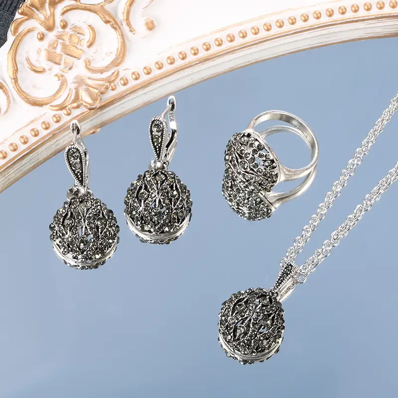 Three Piece Bohemian Silver Necklace Earrings Ring Set - Image 8