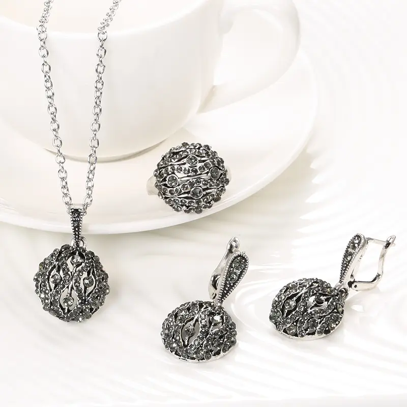 Three Piece Bohemian Silver Necklace Earrings Ring Set - Image 9