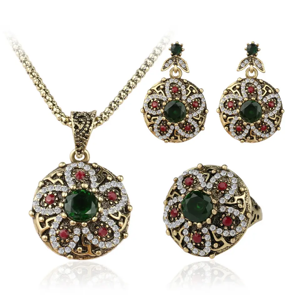 Three Piece Bohemian Silver Necklace Earrings Ring Set — feature 1