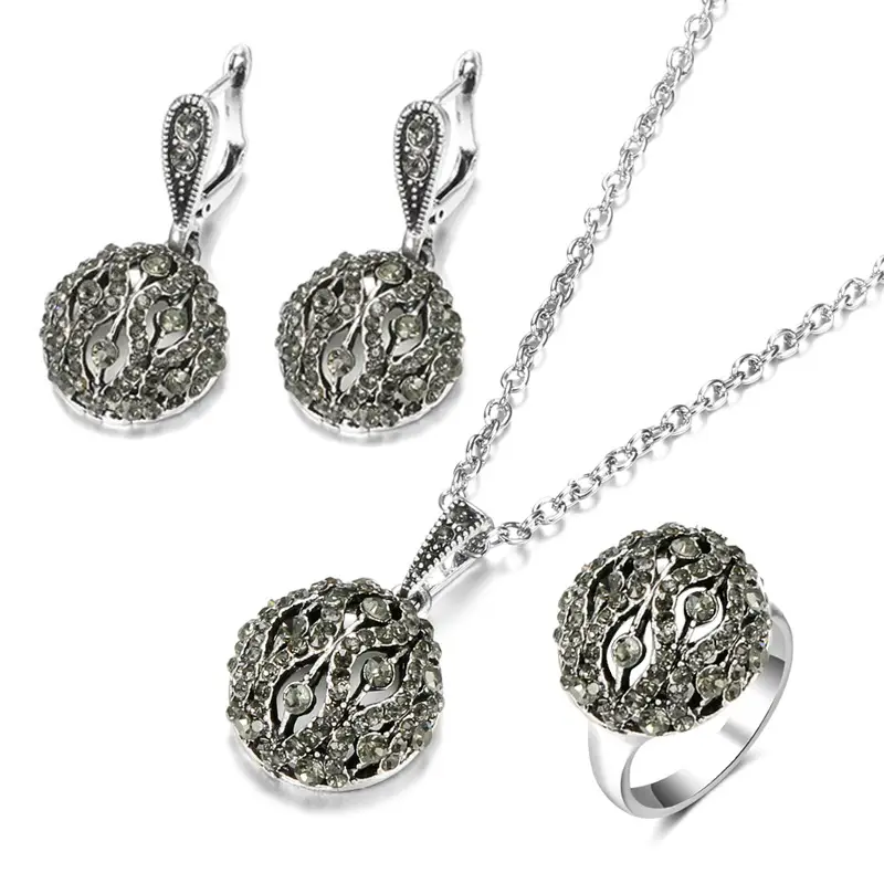 Three Piece Bohemian Silver Necklace Earrings Ring Set - Image 3