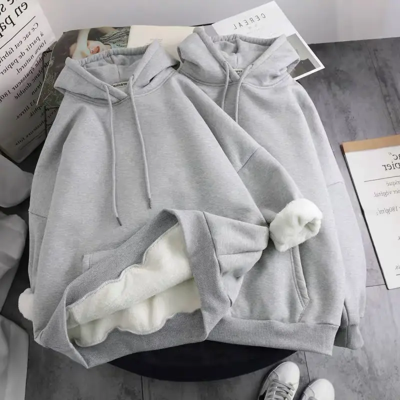 Winter Velvet Hoodie Women Grey White Harajuku Style - Image 2