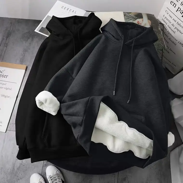 Winter Velvet Hoodie Women Grey White Harajuku Style - Image 3