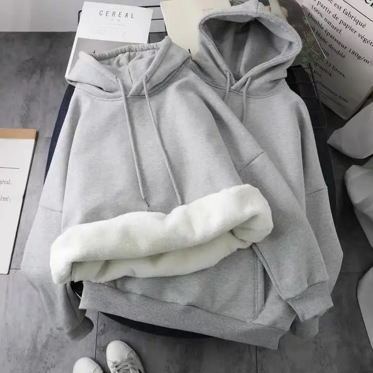 Winter Velvet Hoodie Women Grey White Harajuku Style - Image 4