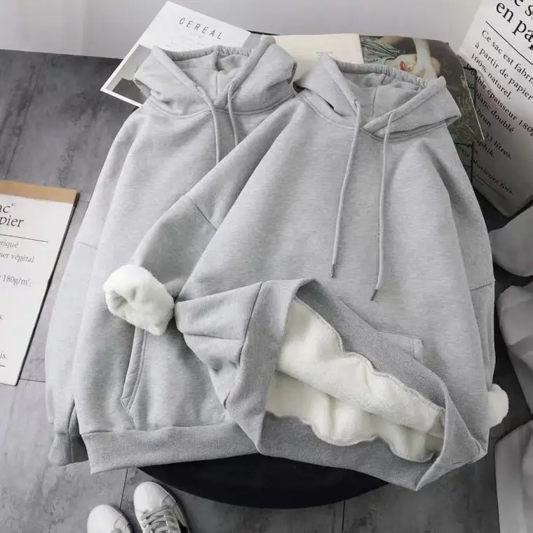 Winter Velvet Hoodie Women Grey White Harajuku Style — feature 2