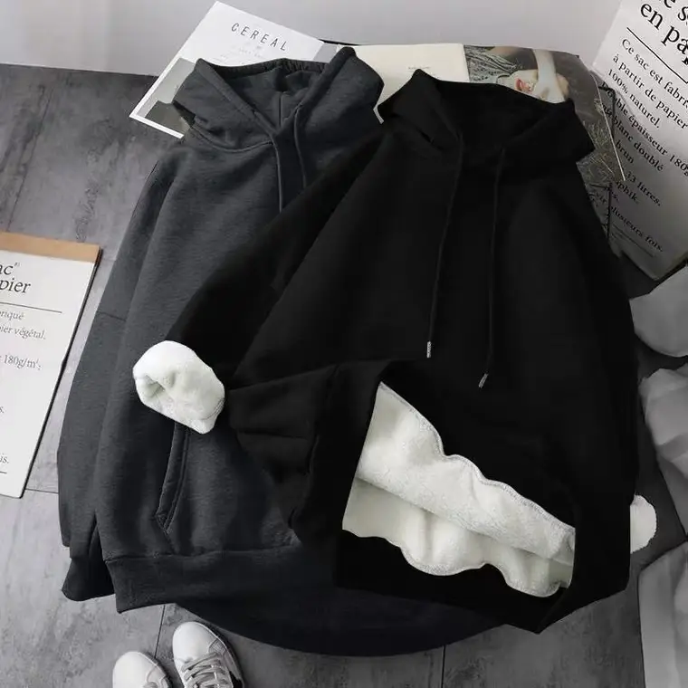 Winter Velvet Hoodie Women Grey White Harajuku Style — feature 5