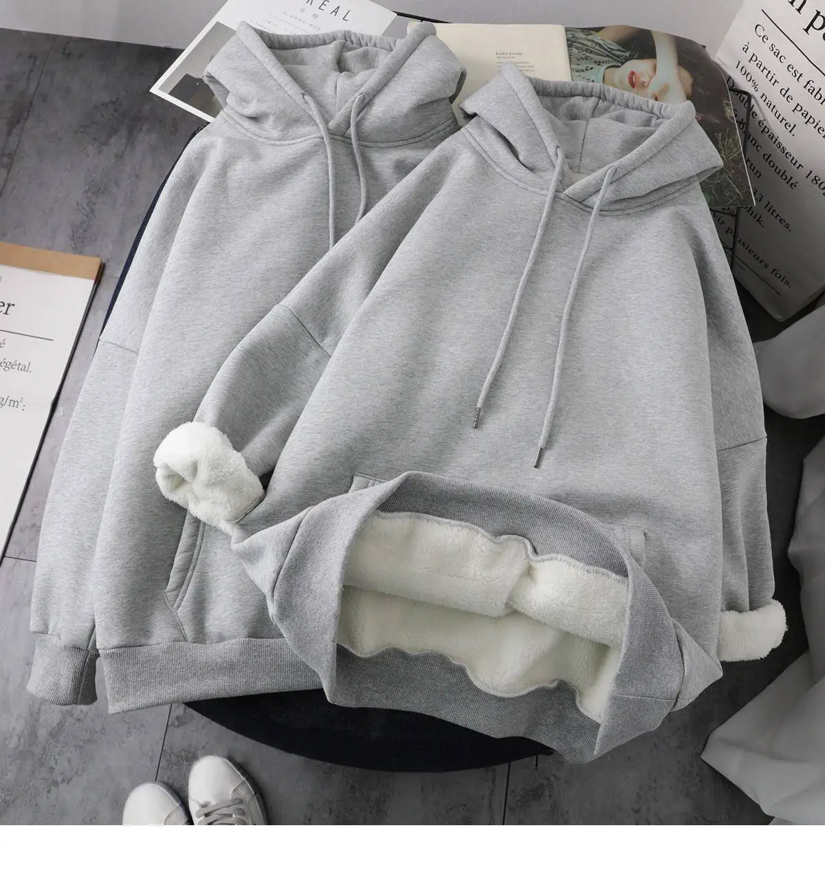 Winter Velvet Hoodie Women Grey White Harajuku Style — feature 7