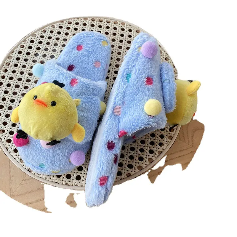 Cartoon Plush Polka Dot Slippers Chicken Home Indoor Baotou Floor Cotton Slippers Cute Warm Mao Mao Slippers for Women