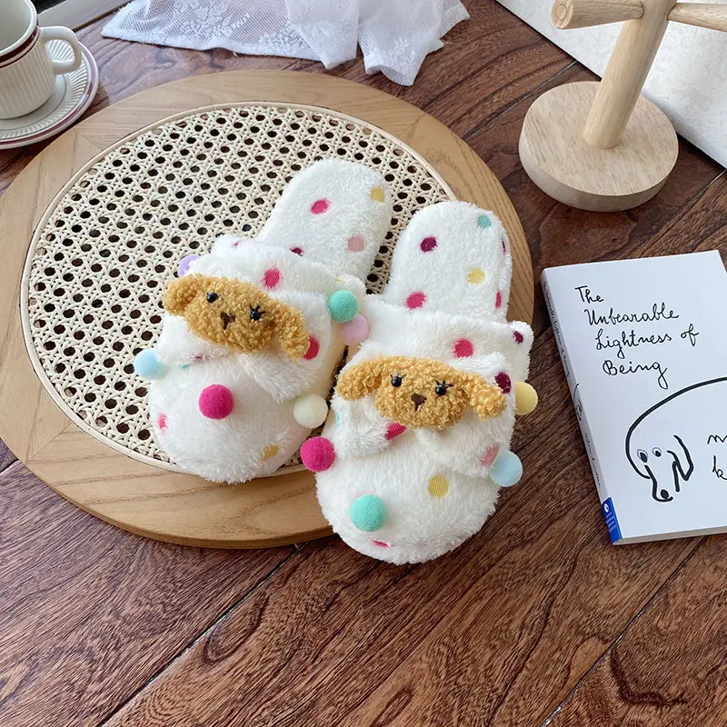 Cartoon Plush Polka Dot Slippers Chicken Home Indoor Baotou Floor Cotton Slippers Cute Warm Mao Mao Slippers for Women