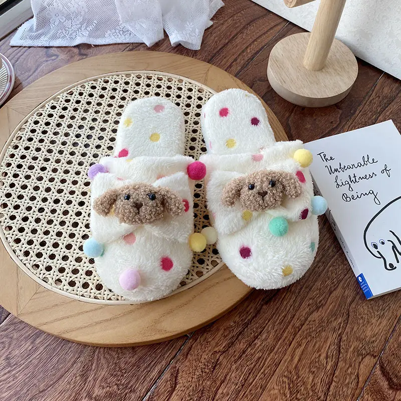 Cartoon Plush Polka Dot Slippers Chicken Home Indoor Baotou Floor Cotton Slippers Cute Warm Mao Mao Slippers for Women