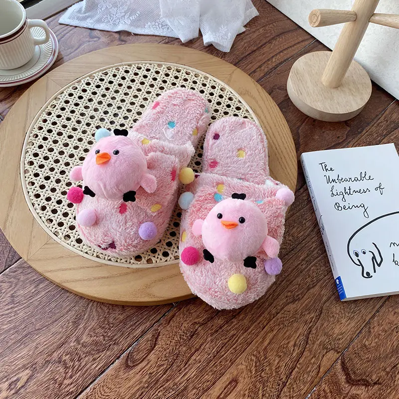 Cartoon Plush Polka Dot Slippers Chicken Home Indoor Baotou Floor Cotton Slippers Cute Warm Mao Mao Slippers for Women