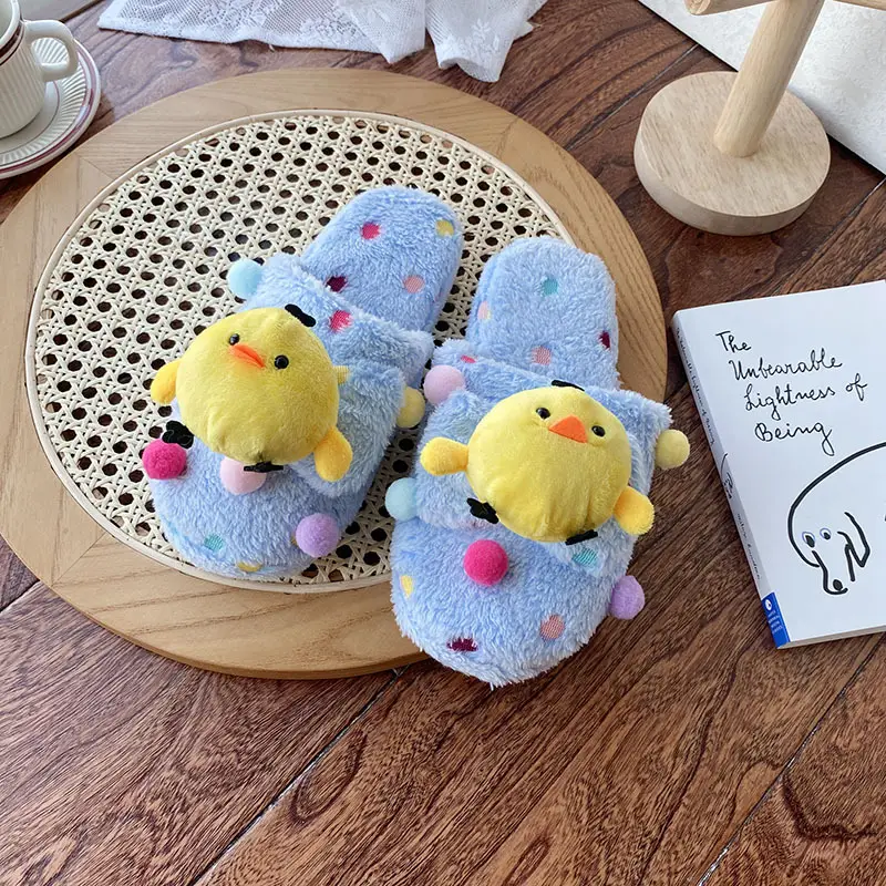 Cartoon Plush Polka Dot Slippers Chicken Home Indoor Baotou Floor Cotton Slippers Cute Warm Mao Mao Slippers for Women