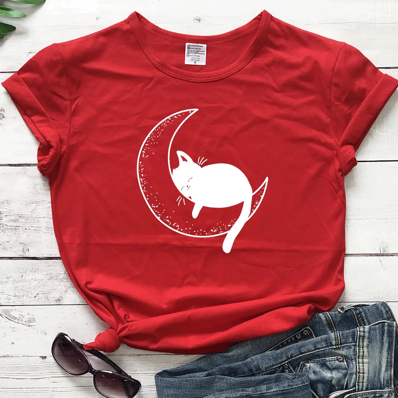 Maroon Cat Mom Moon T-Shirt Short Sleeve - Image 11
