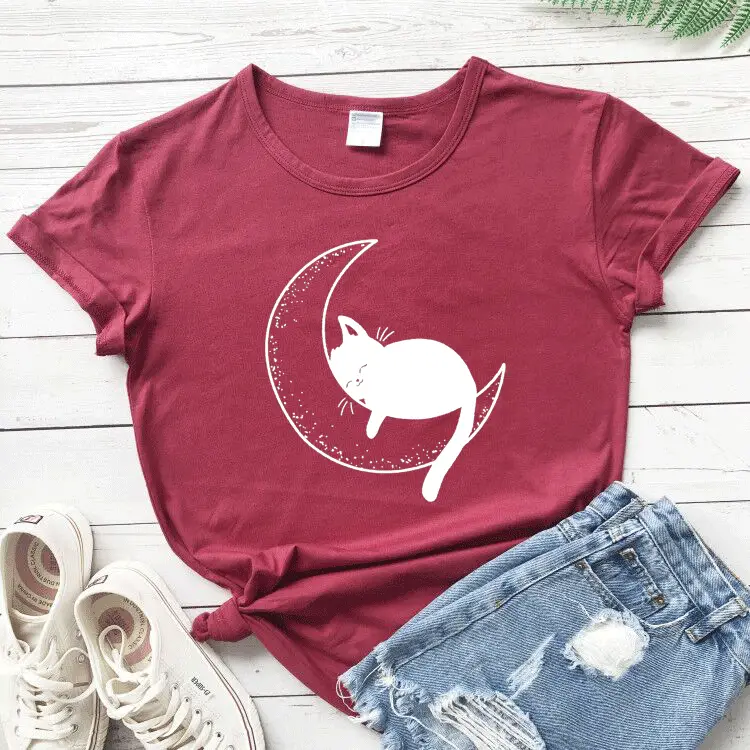 Maroon Cat Mom Moon T-Shirt Short Sleeve - Image 7
