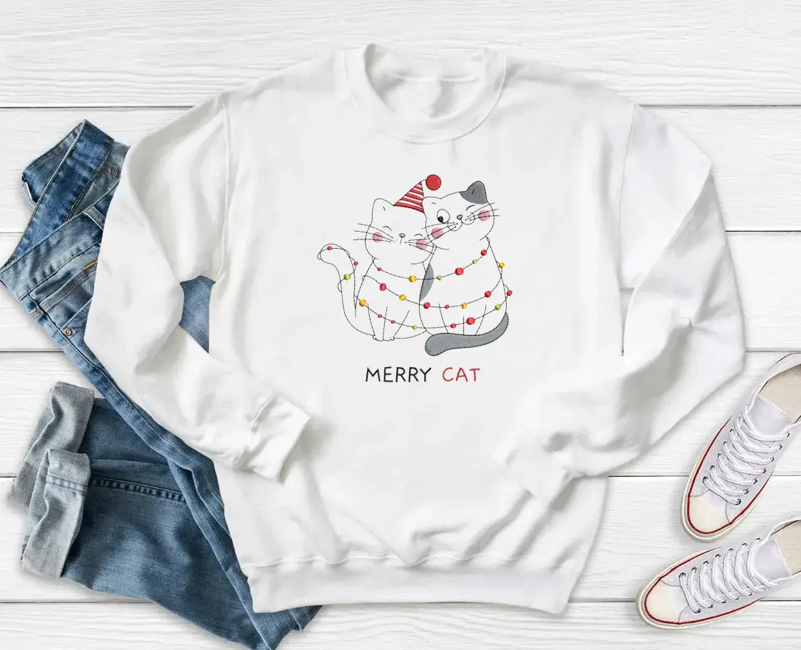 Merry Cat Printed Sweatshirt Red Round Neck - Image 2