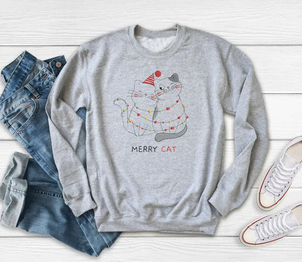 Merry Cat Printed Sweatshirt Red Round Neck - Image 3