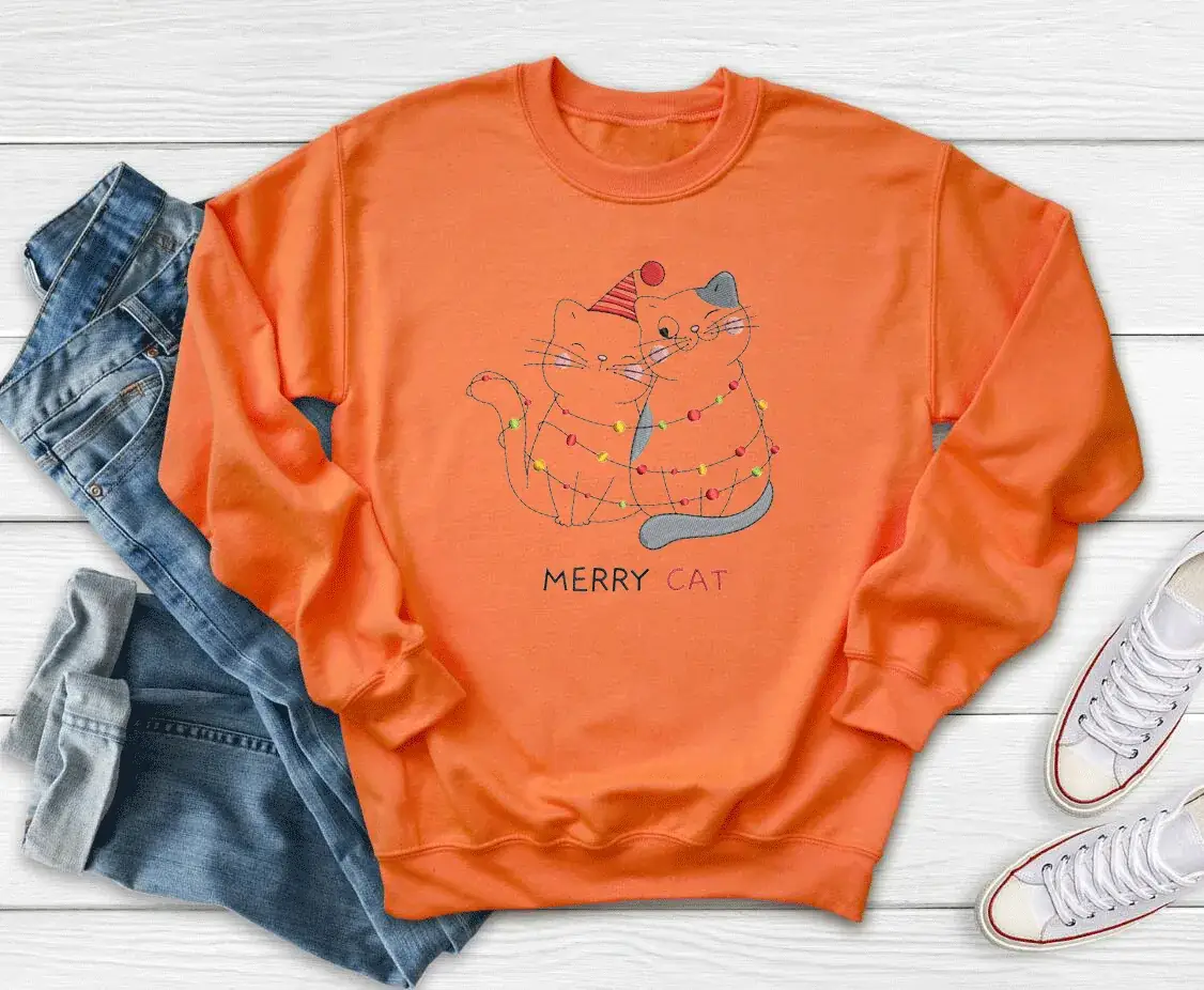 Merry Cat Printed Sweatshirt Red Round Neck - Image 5