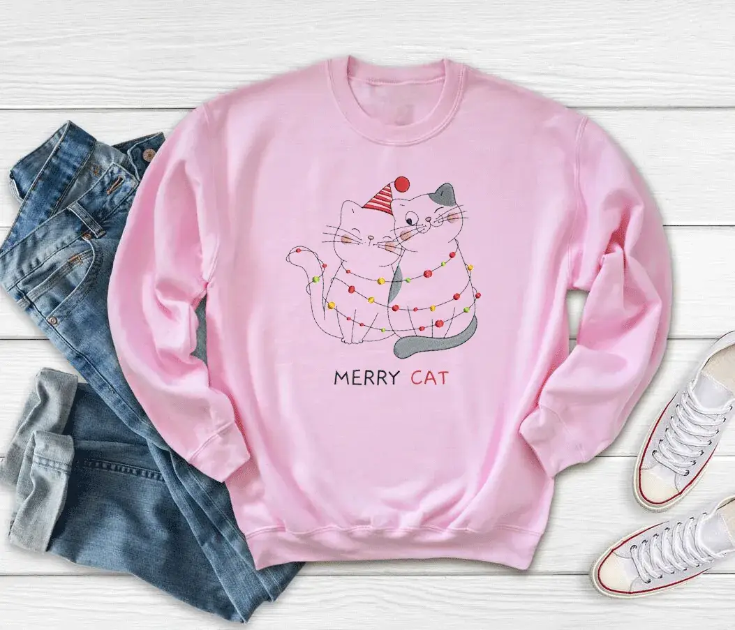 Merry Cat Printed Sweatshirt Red Round Neck - Image 6