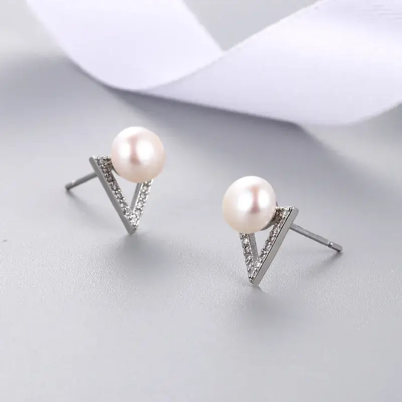 Pearl Earrings Mori Sweet Inlay Triangle Silver - Image 10