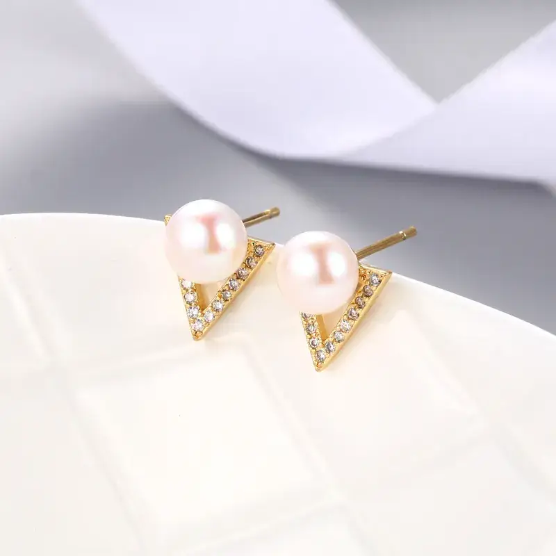 Pearl Earrings Mori Sweet Inlay Triangle Silver - Image 2