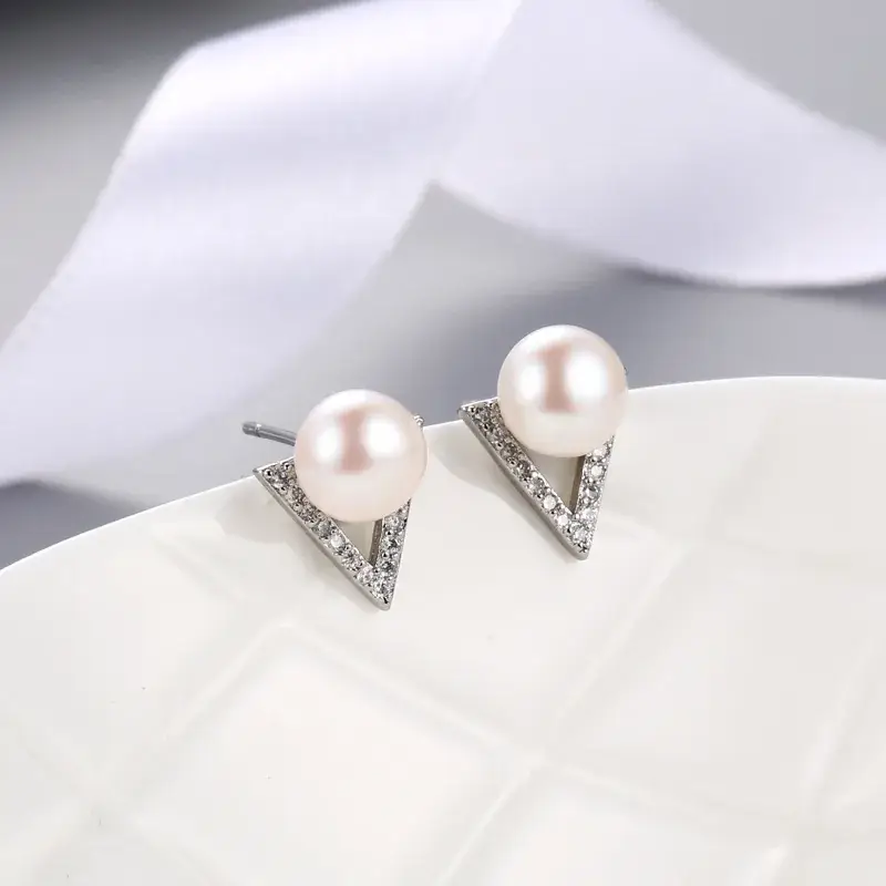 Pearl Earrings Mori Sweet Inlay Triangle Silver - Image 3