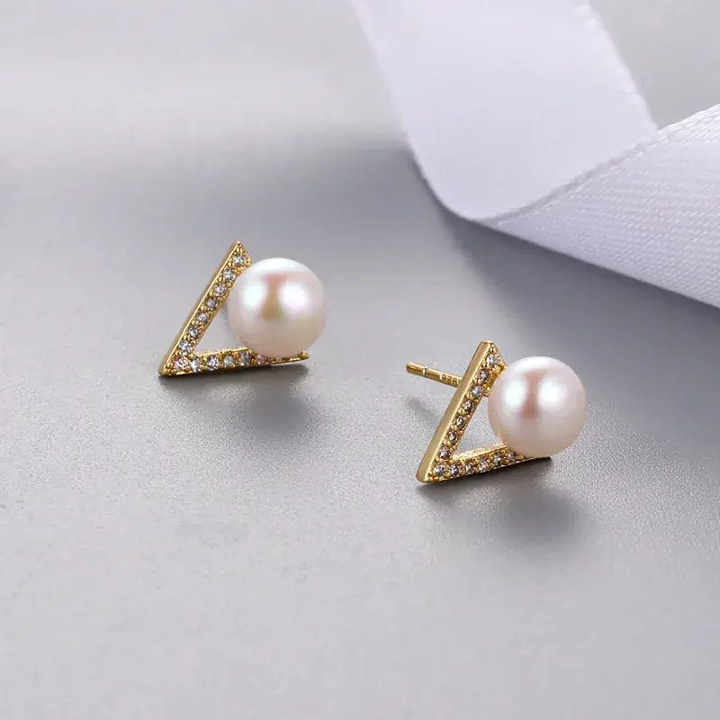 Pearl Earrings Mori Sweet Inlay Triangle Silver - Image 4