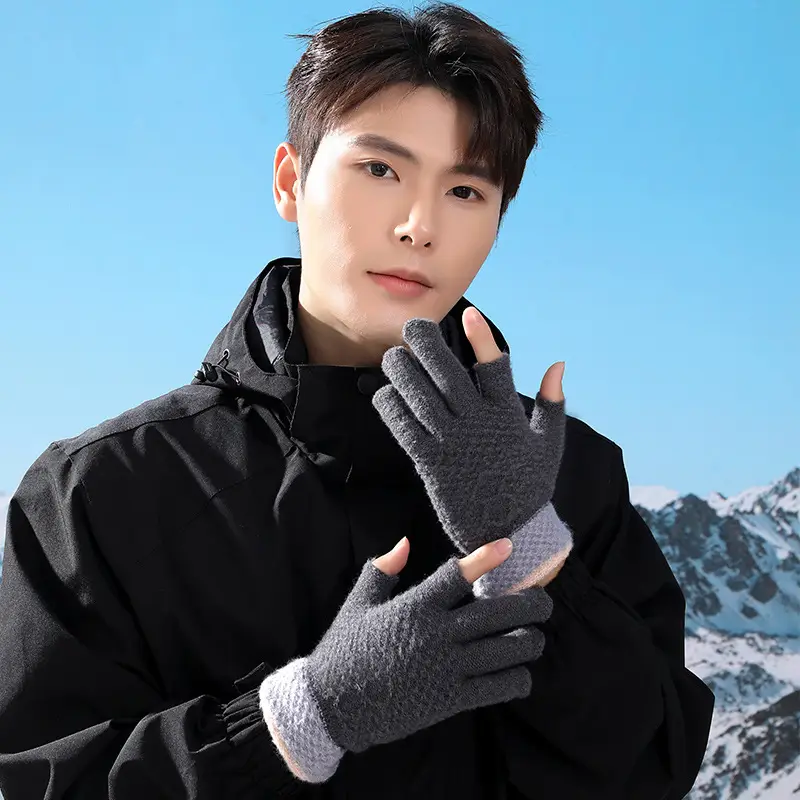 Ruiya Men's and Women's Winter Two-Finger Exposed Gloves New Style Office Writing Typing Fingerless Warm Color-Blocking Knitted Gloves