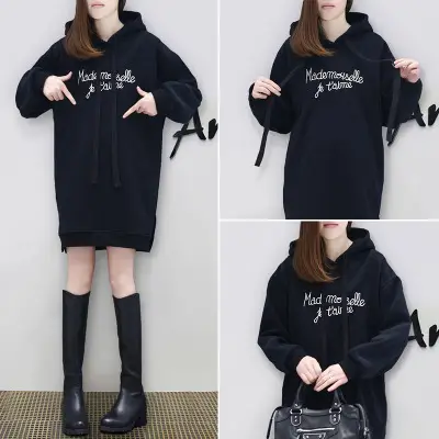 Women Fleece Lined Hoodie Mid Length Embroidered Letter - Image 3