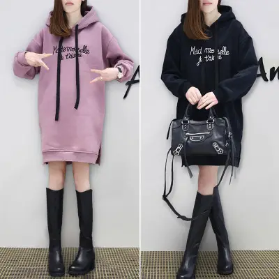 Women Fleece Lined Hoodie Mid Length Embroidered Letter - Image 4