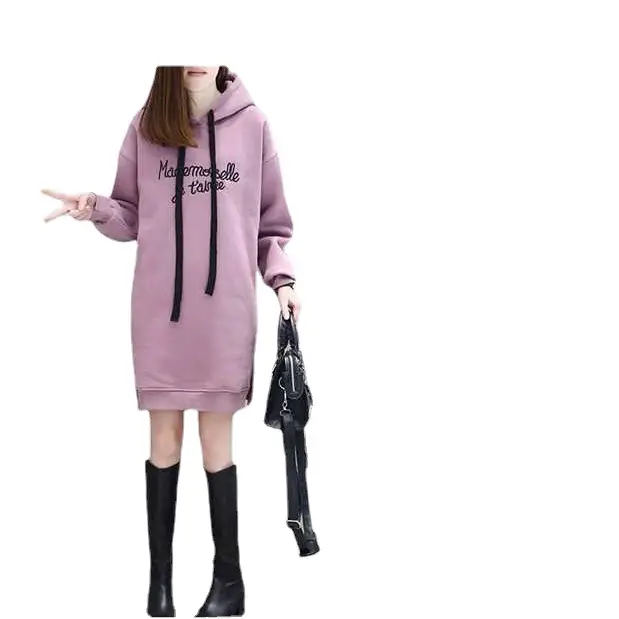 Women Fleece Lined Hoodie Mid Length Embroidered Letter - Image 5