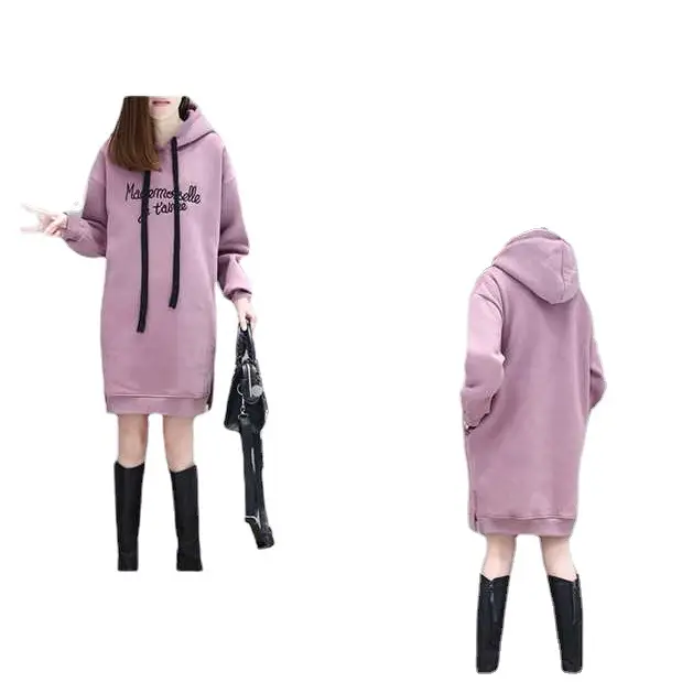 Women Fleece Lined Hoodie Mid Length Embroidered Letter - Image 6