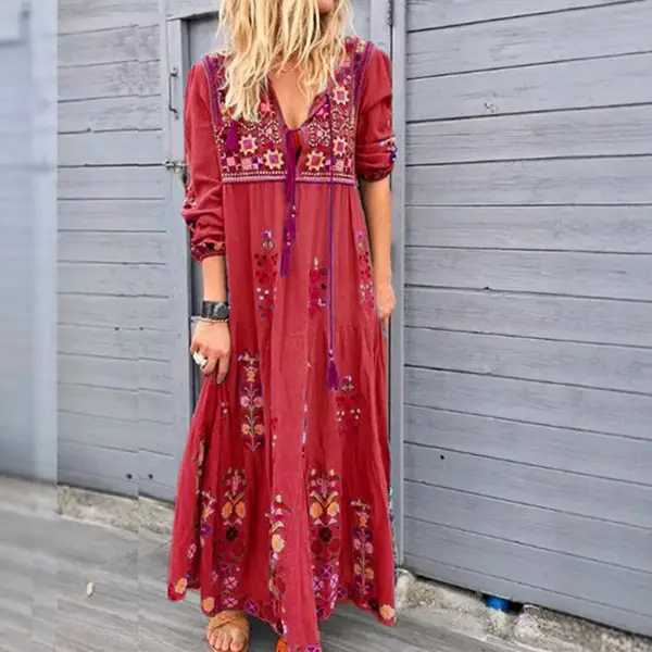 Red Printed Long Sleeve Dress with Embroidery - Image 2