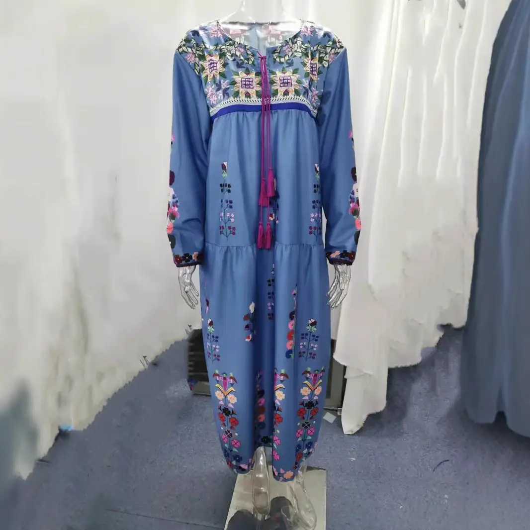 Red Printed Long Sleeve Dress with Embroidery - Image 3