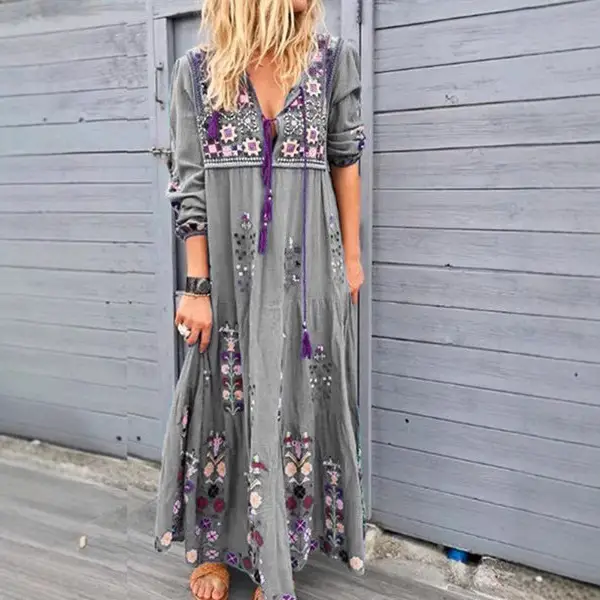 Red Printed Long Sleeve Dress with Embroidery - Image 4