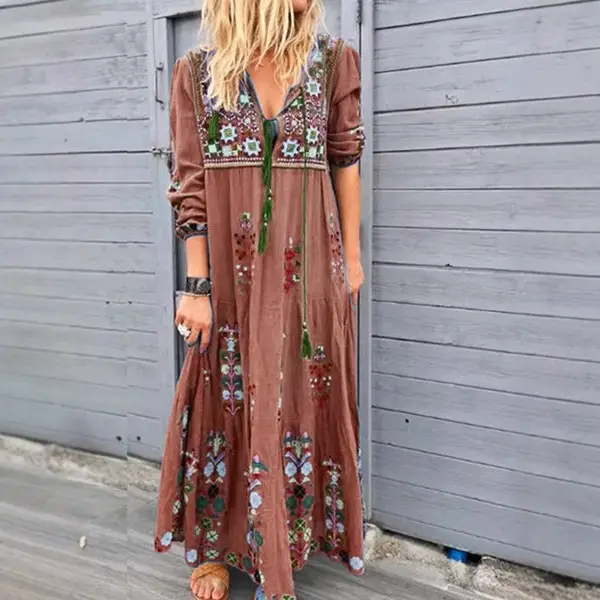 Red Printed Long Sleeve Dress with Embroidery - Image 5
