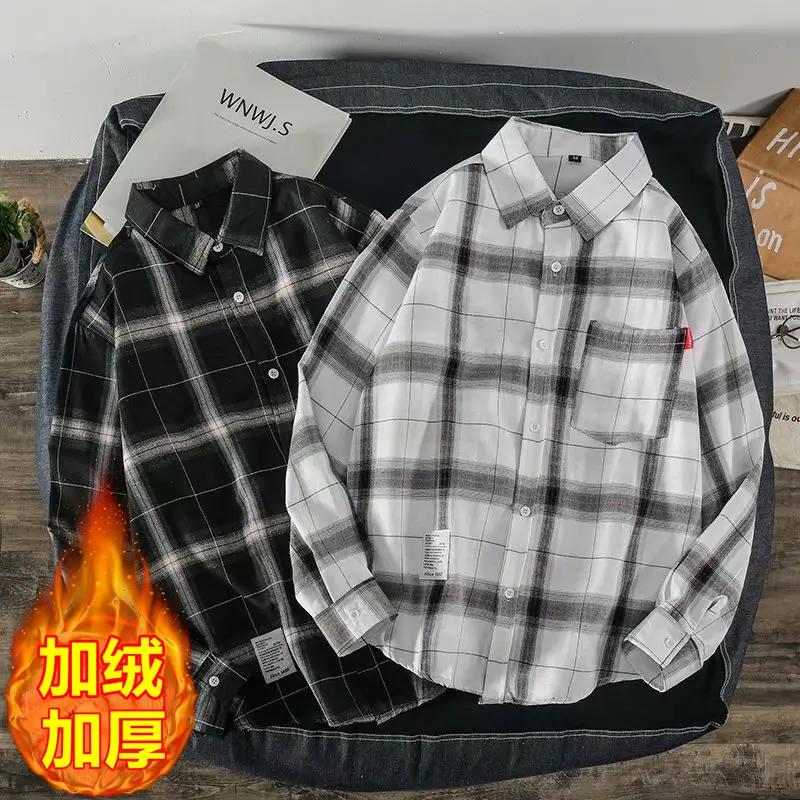 Men Fleece Lined Plaid Shirt Winter Thick Black White - Image 19