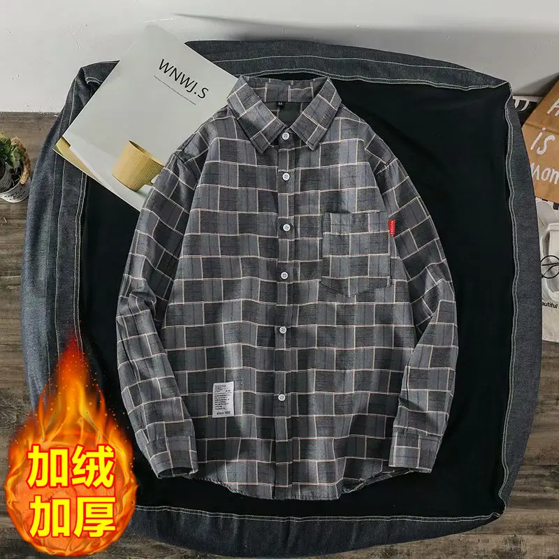 Men Fleece Lined Plaid Shirt Winter Thick Black White - Image 16