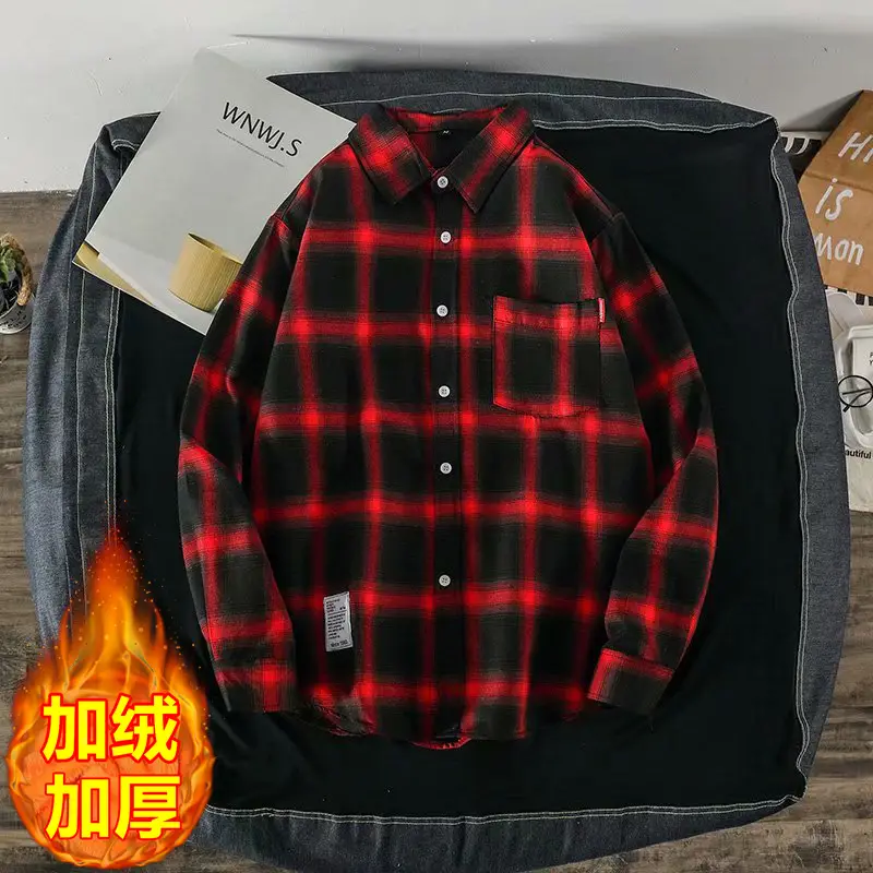 Men Fleece Lined Plaid Shirt Winter Thick Black White - Image 3