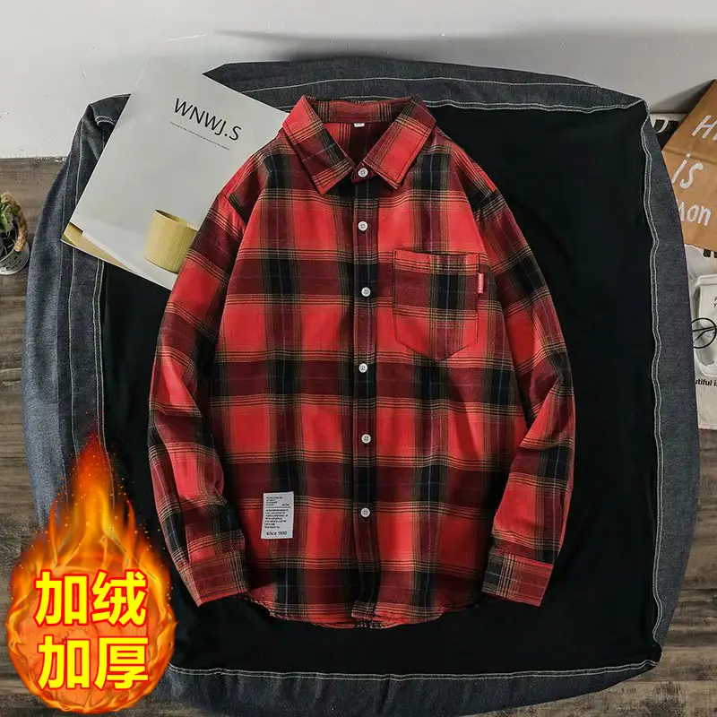 Men Fleece Lined Plaid Shirt Winter Thick Black White - Image 4