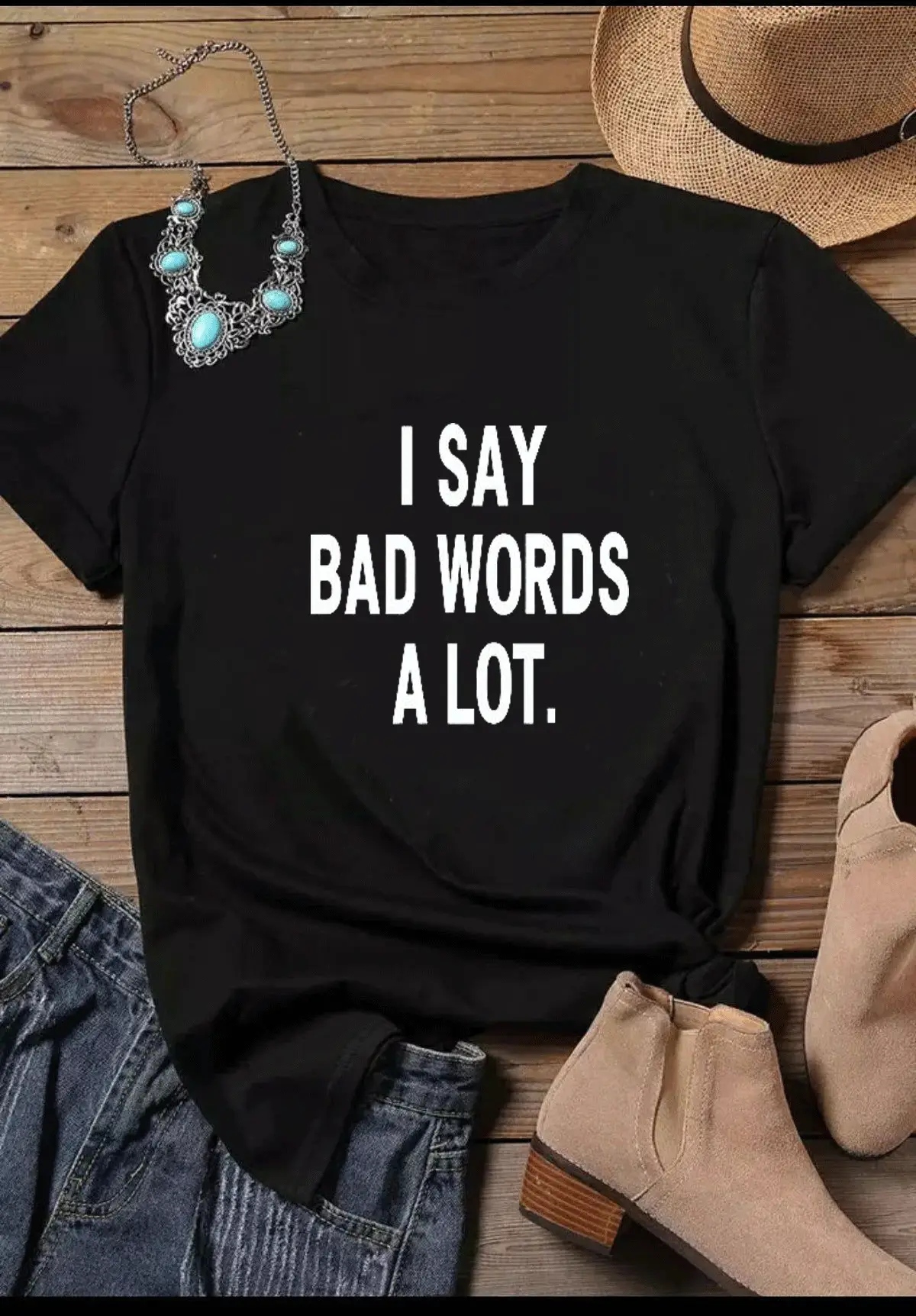 Green Printed T-Shirt "I Say Bad Words A Lot" - Image 2