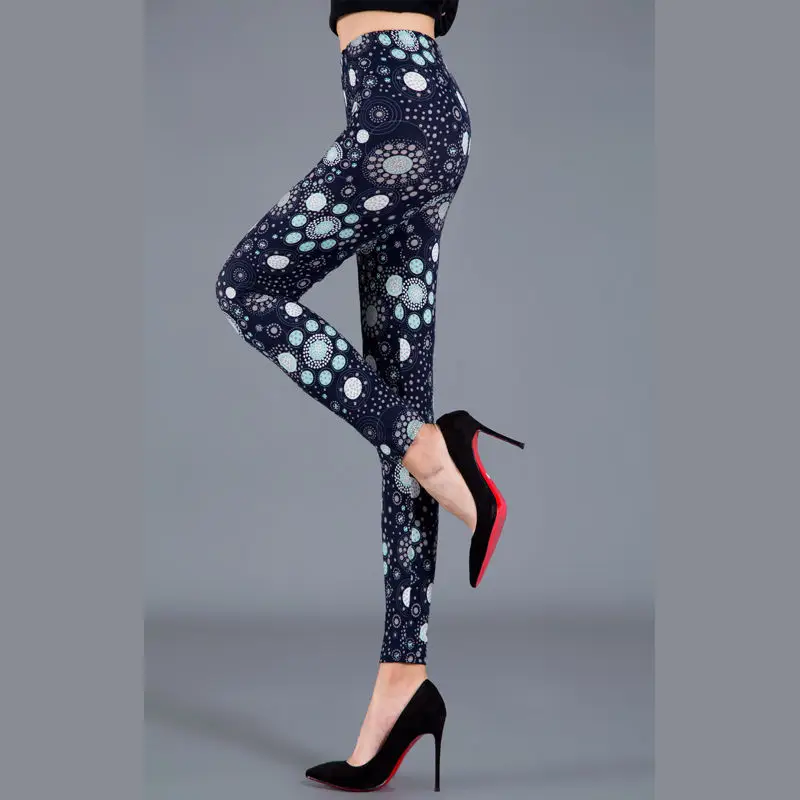Women Thin Leggings Black Circle Polka Dot Brushed Silk Stretch - Image 5