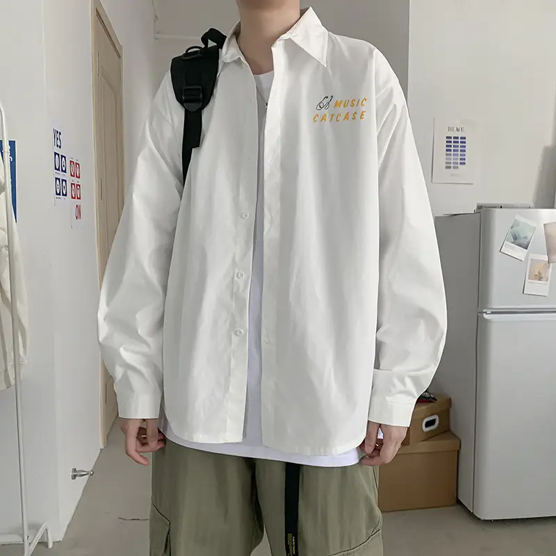 Men Long Sleeve Korean Style Shirt with Japanese Print - Image 4