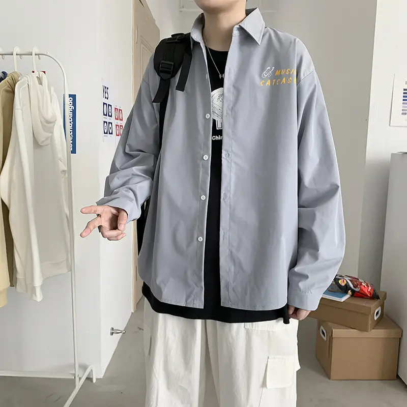 Men Long Sleeve Korean Style Shirt with Japanese Print - Image 2